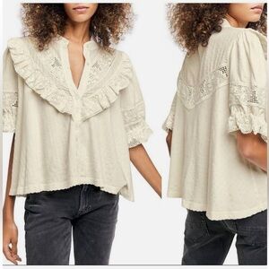 Free People Beige Lace Trim Blouse